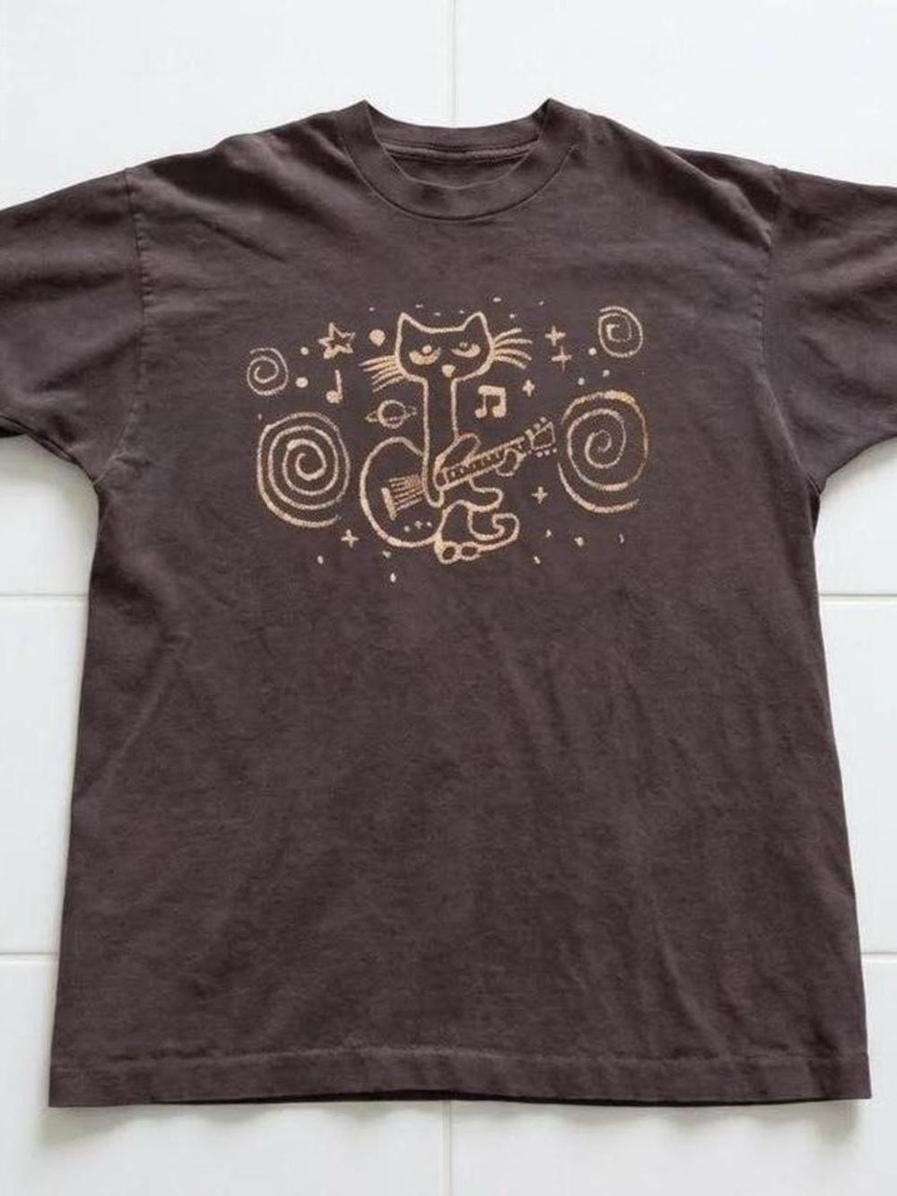 Gildan Brown Tee with Light Tan Cat Guitar Graphic